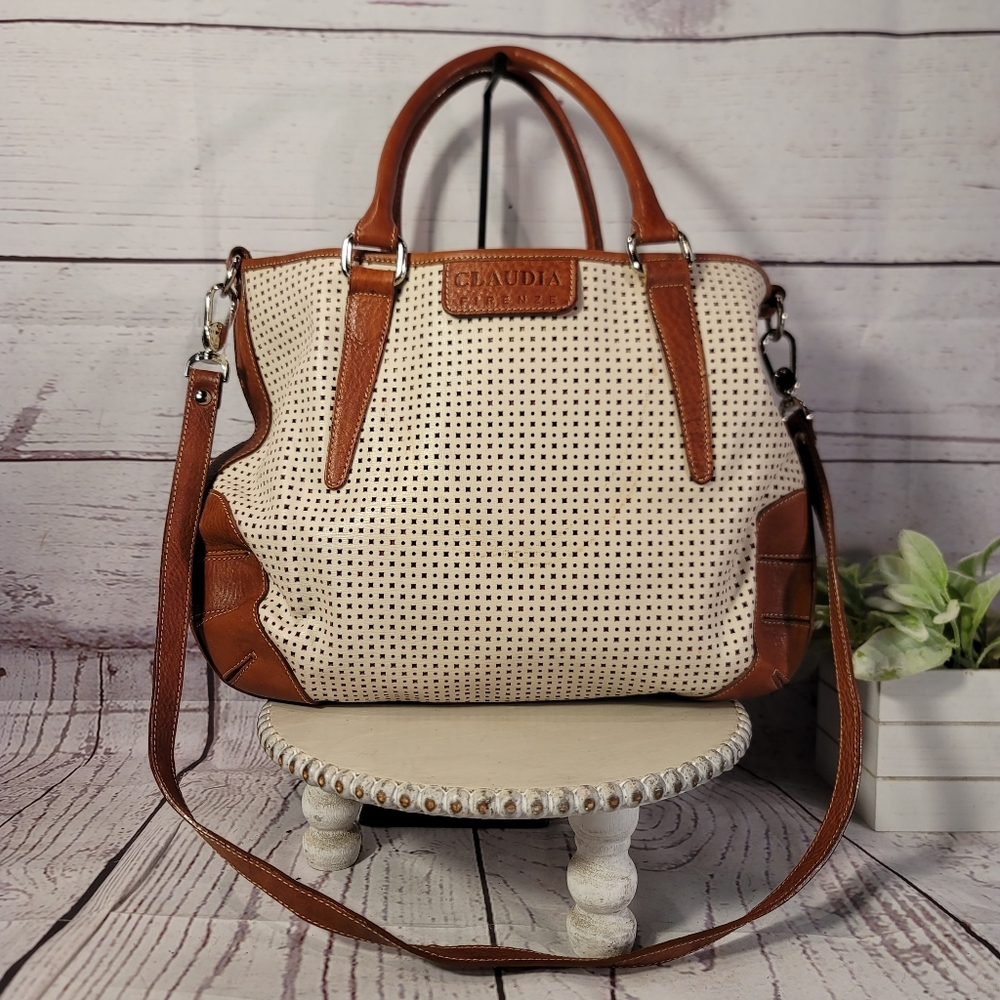 Claudia Firenze Italian Perforated Leather Satchel Cream/Tan-Brown Handbag